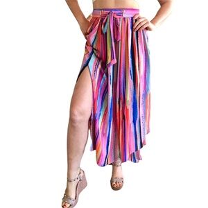 Karen Millen Colorful Stripe Maxi Skirt Size 8 Double Slit Side Zip